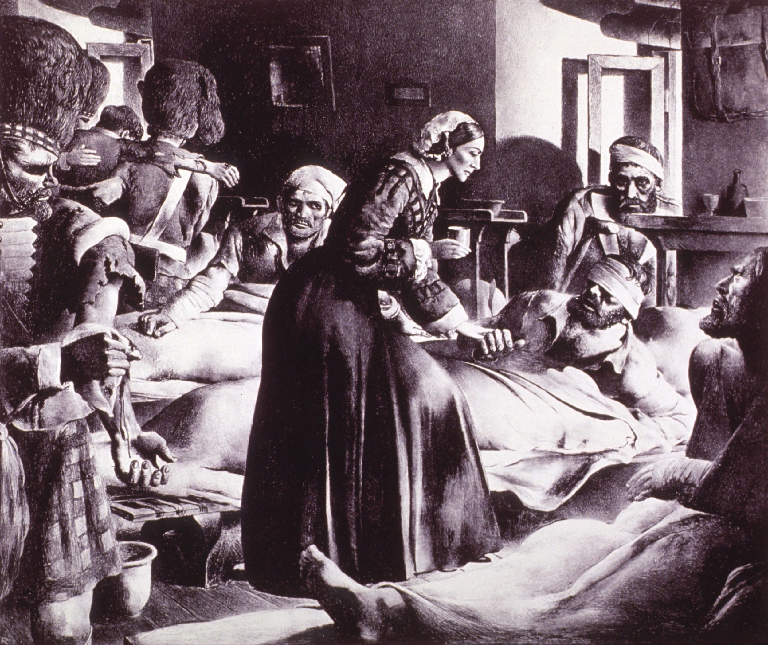 Florence Nightingale pleier sårede soldater. Foto: National Library of Medicine #b029443
